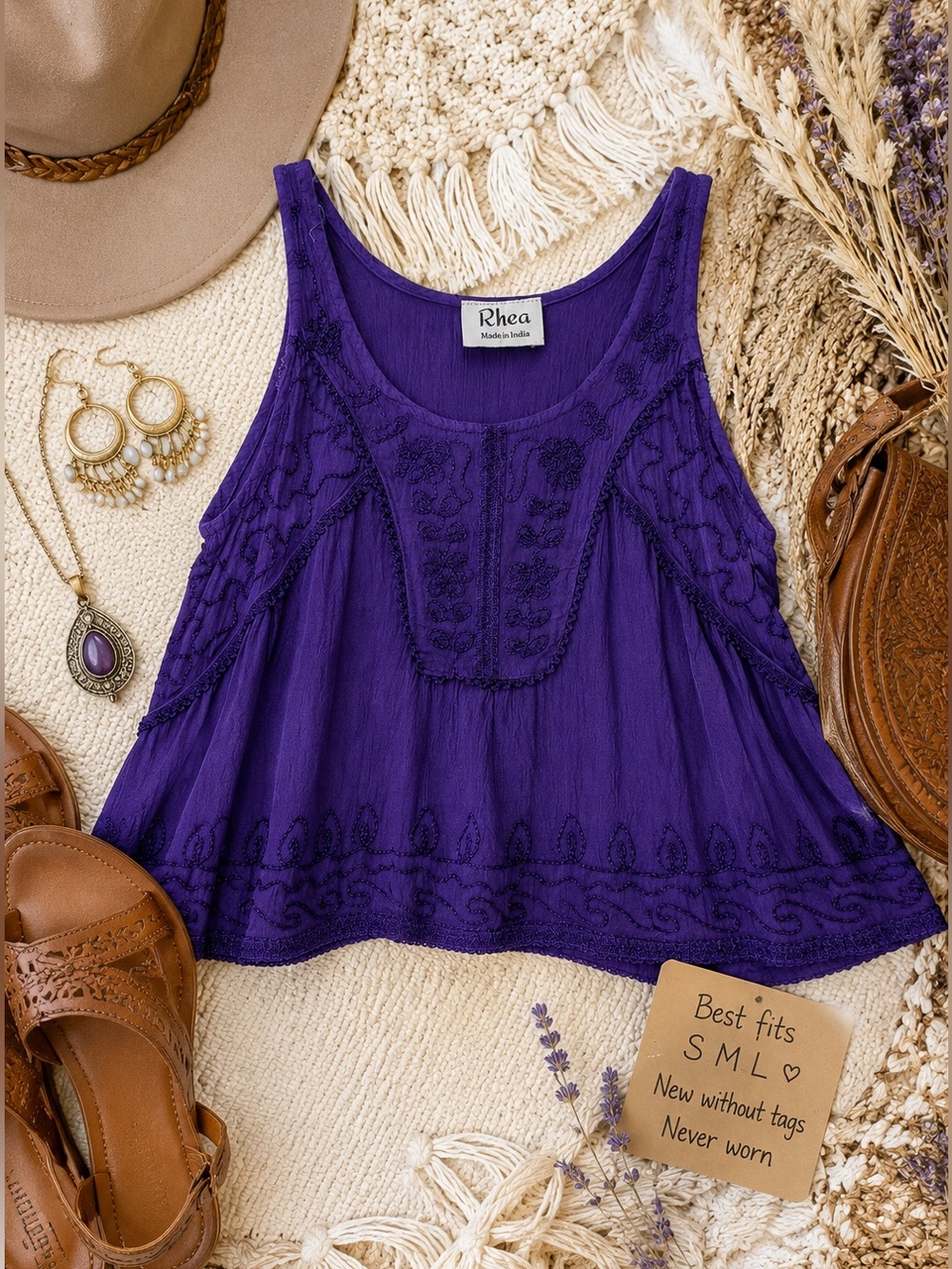 Rhea Purple Embroidered Boho Flowy Swing Blouse Festival Wear | Best Fits S M L
